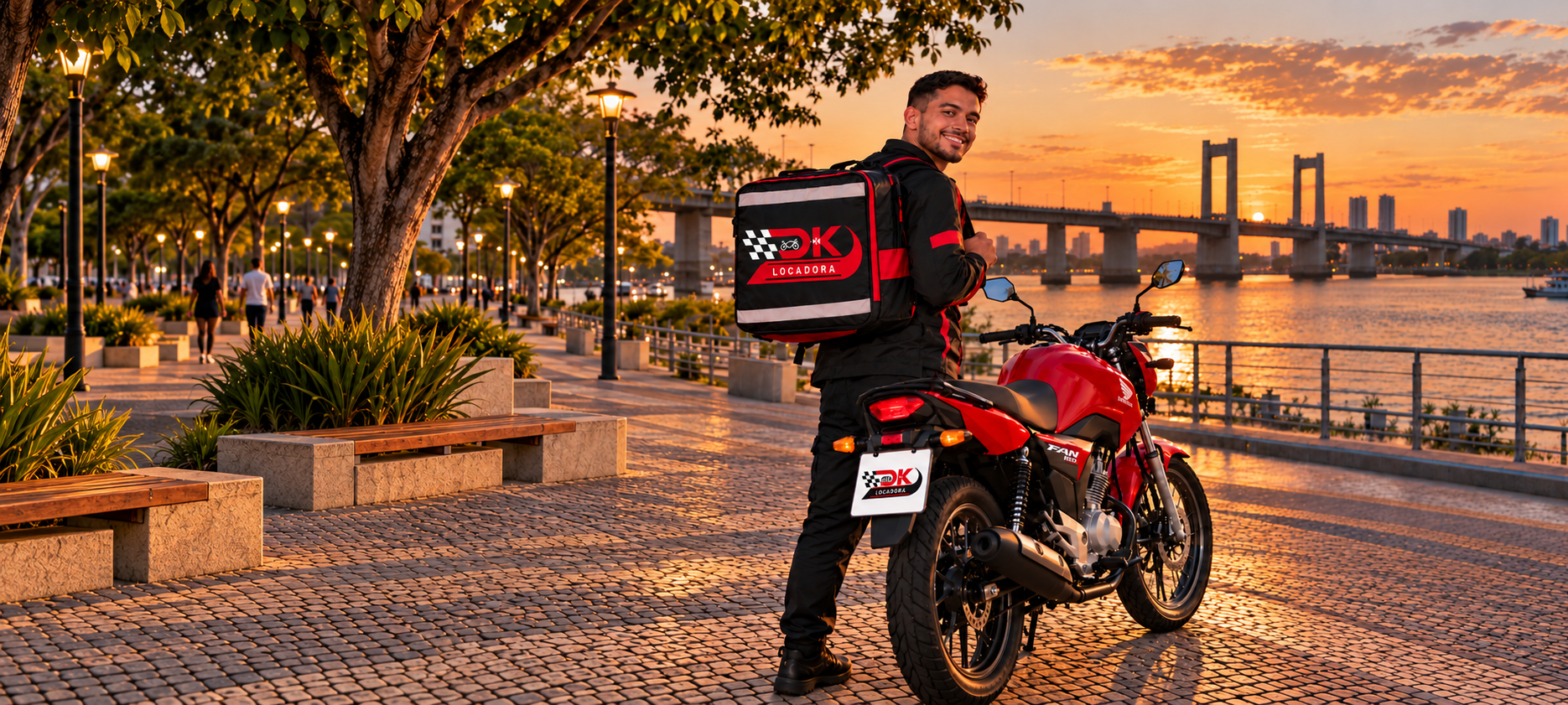 Entregador da DK Locadora com a moto vermelha no pôr do sol, em frente à ponte de Petrolina